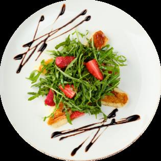 Salad with Haloumi Cheese, Strawberries, Arugula and Pine Nuts