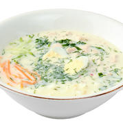 Okroshka (cold soup), served with toasted toasts, greens and mustard