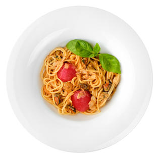 Pasta with seafood in tomato-cream sauce