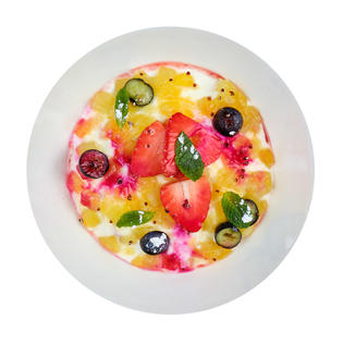 Granola with mango chutney and strawberry coulis 