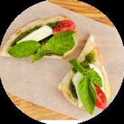 Bruschetta with Tomatoes, Mozzarella and Pesto Sauce
