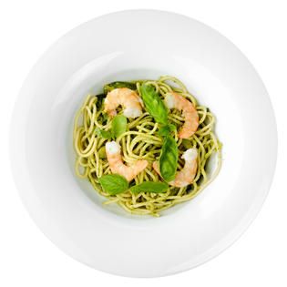 Paste with shrimps and zucchini with pesto sauce