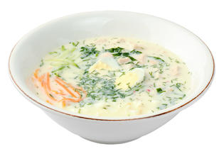 Okroshka (cold soup), served with toasted toasts, greens and mustard